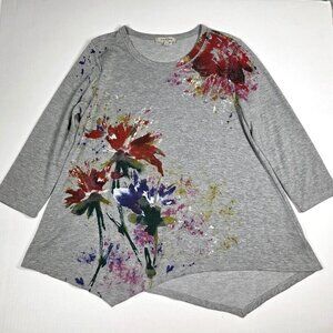 Jess and Jane Top Small Gray Floral Asymmetric Art to Wear Boho Tunic